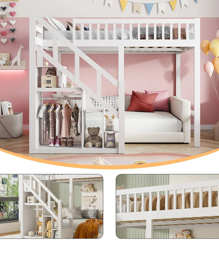 Lit mezzanine 1 ou 2 places 140x200 – Bois blanc avec escalier et rangements