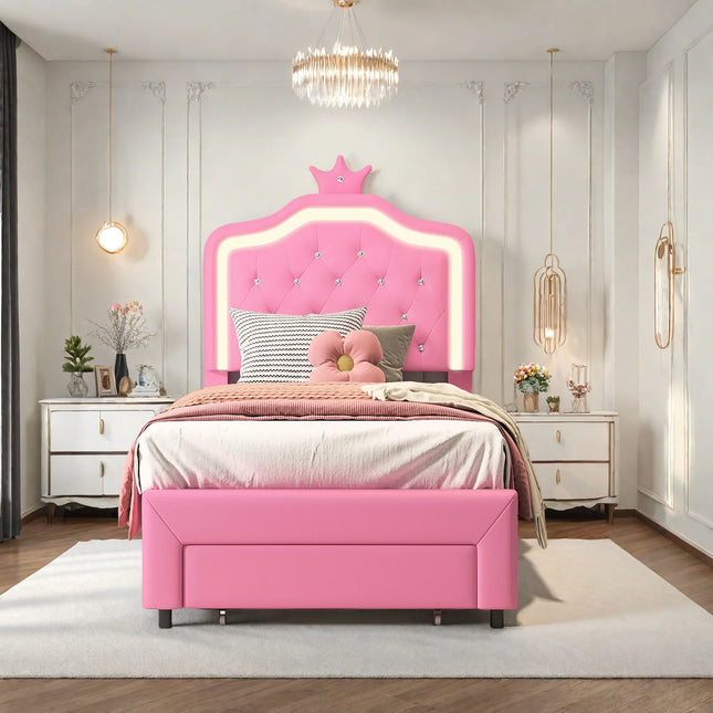 Eenpersoonsbed 90x200 – Prinsessenmodel met opberglade Roze