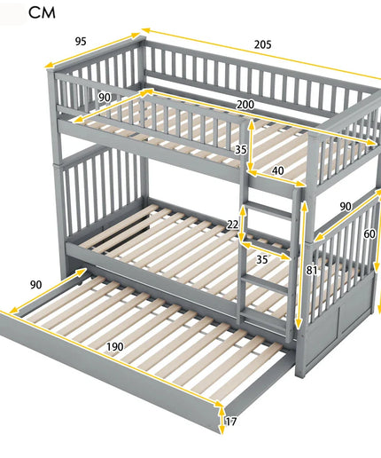 Lit mezzanine 2 lits de 1 place 90x200 – Bois avec escalier et lit gigogne Gris