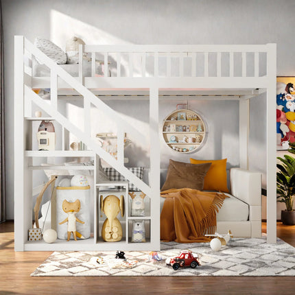 Hoogslaper voor 1 of 2 personen, 140x200 cm – Wit hout met trap en opbergruimte