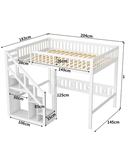 Lit mezzanine 1 ou 2 places 140x200 – Bois blanc avec escalier et rangements