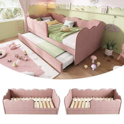 Eenpersoonsbed 90x190 met uitschuifbaar bed – Roze fluwelen uitschuifbed