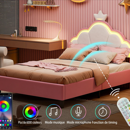 Tweepersoonsbed 140x200 – Princess LED-design met roze kroonvormig hoofdeinde